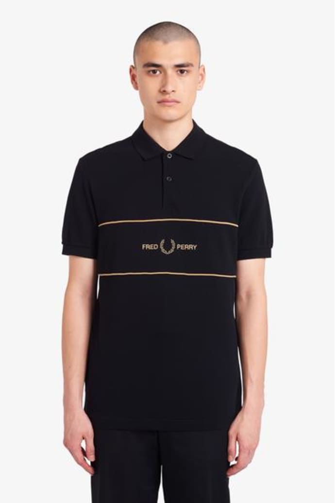 Trouva: Embroidered Panel Polo Shirt Black