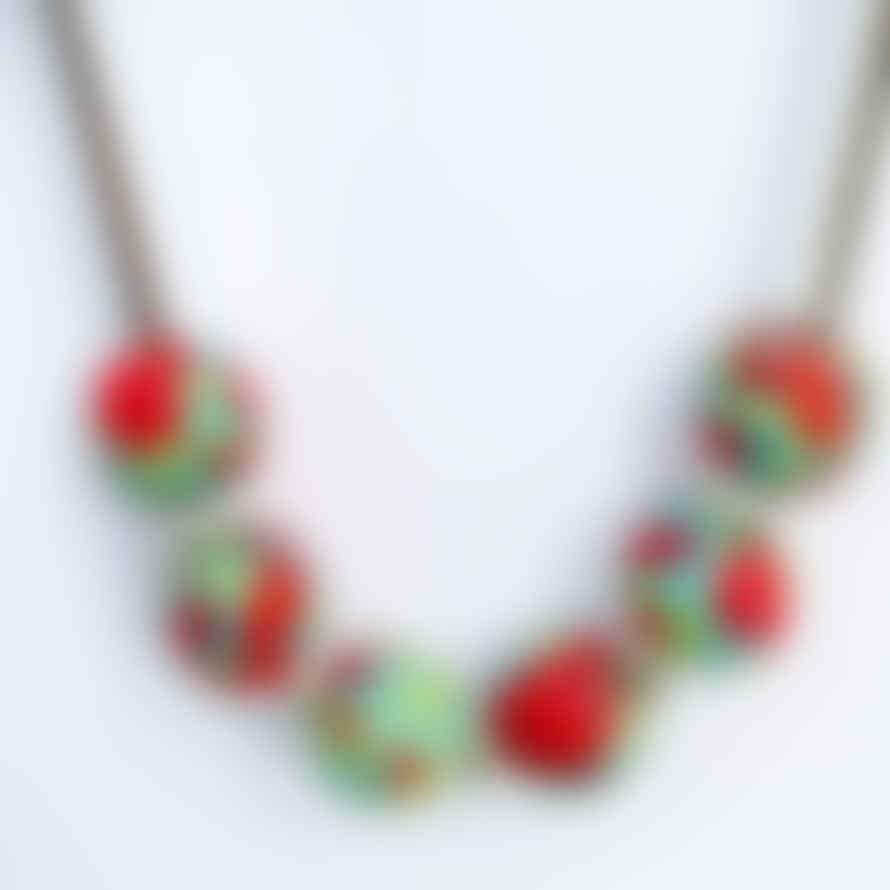 Zippy & Zeke Red and Green Multi Bead Silver Bar Glass Necklace