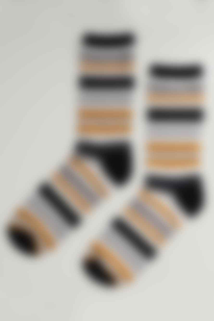 Miss Shorthair Men's Black Bamboo Socks with Cream & Mustard Contrasting Stripe