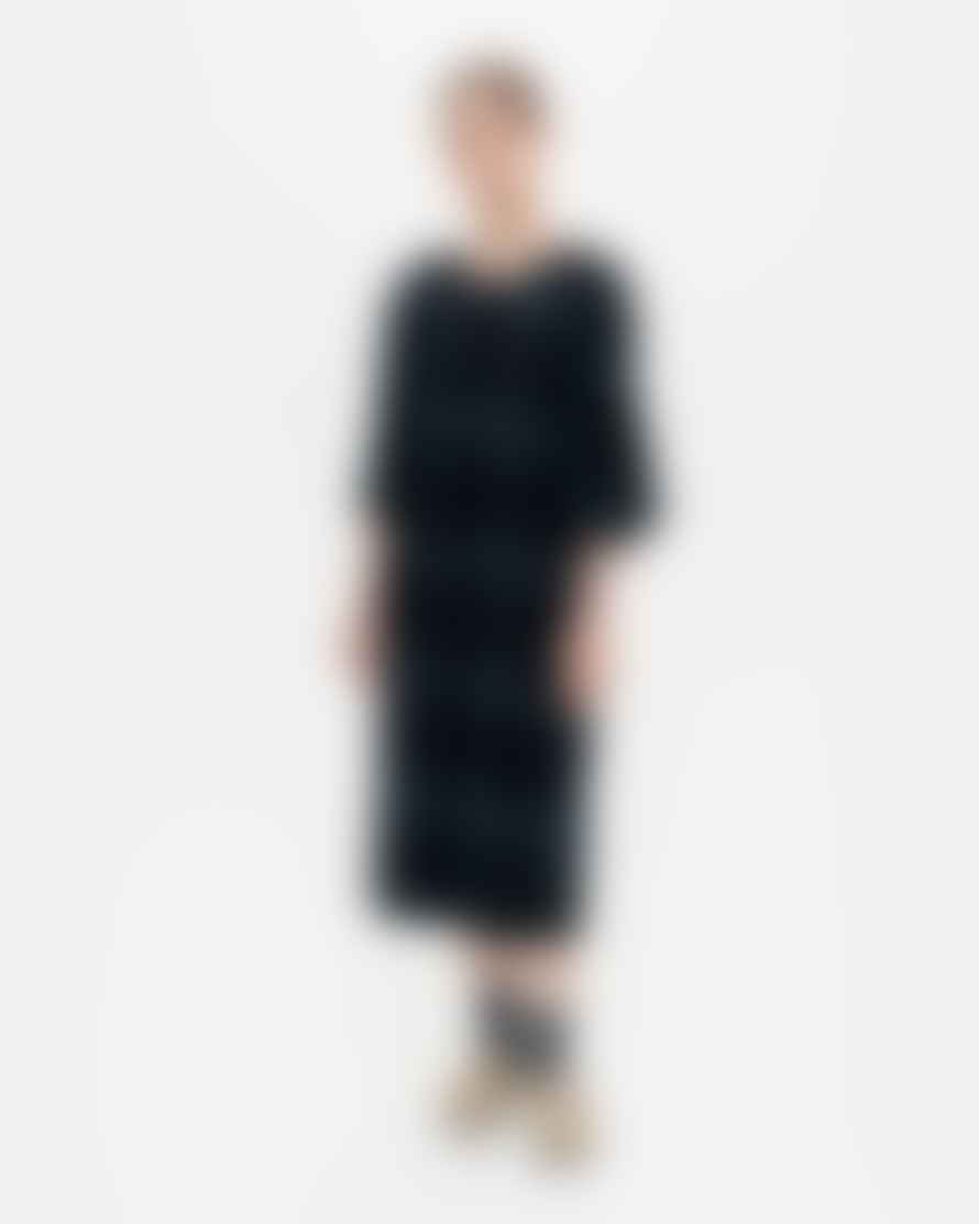 Marimekko vestito lungo Randi Koppelo fondo grigio sfere nere 