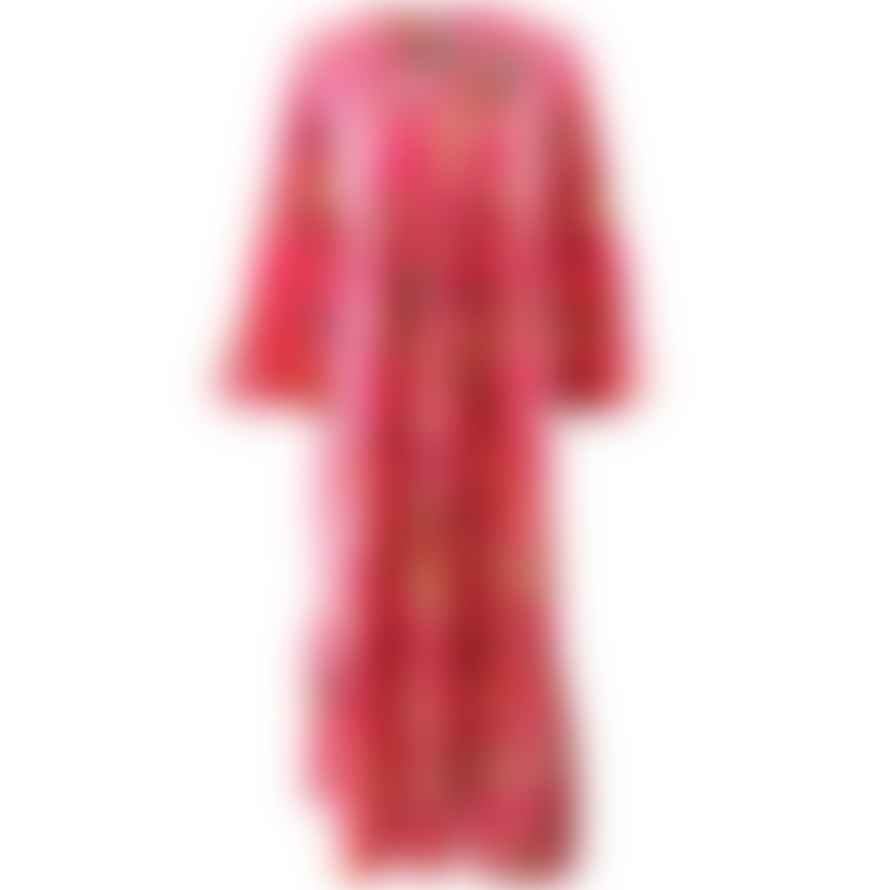 Powell Craft Hot Pink Birds of Paradise Long Sleeved Cotton Tiered Dress