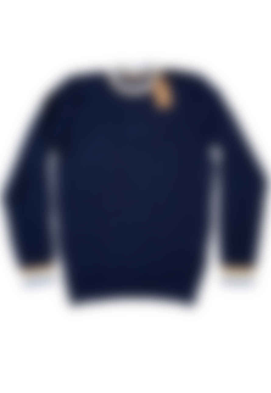 Stenstroms Navy Blue Merino Wool Cable Knit Crew Neck With Trim Detail