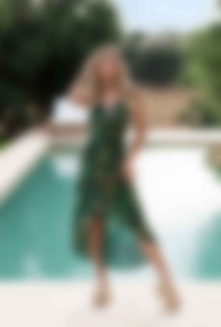 Sophia Alexia Emerald Leopard Silk Cocktail Midi Dress