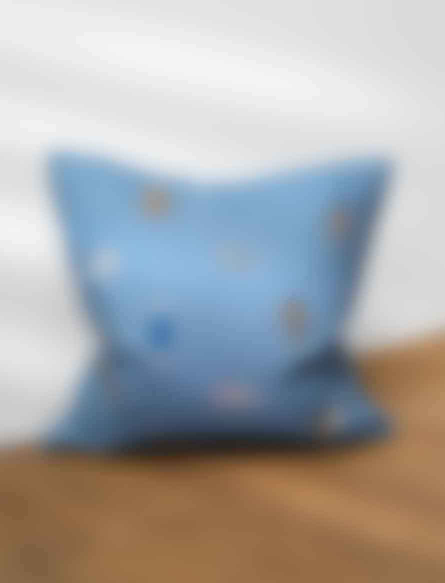 Fine Little Day Swimmers Embroidered Cushion In Blue Linen (w. Or W/o Inner Cushion)