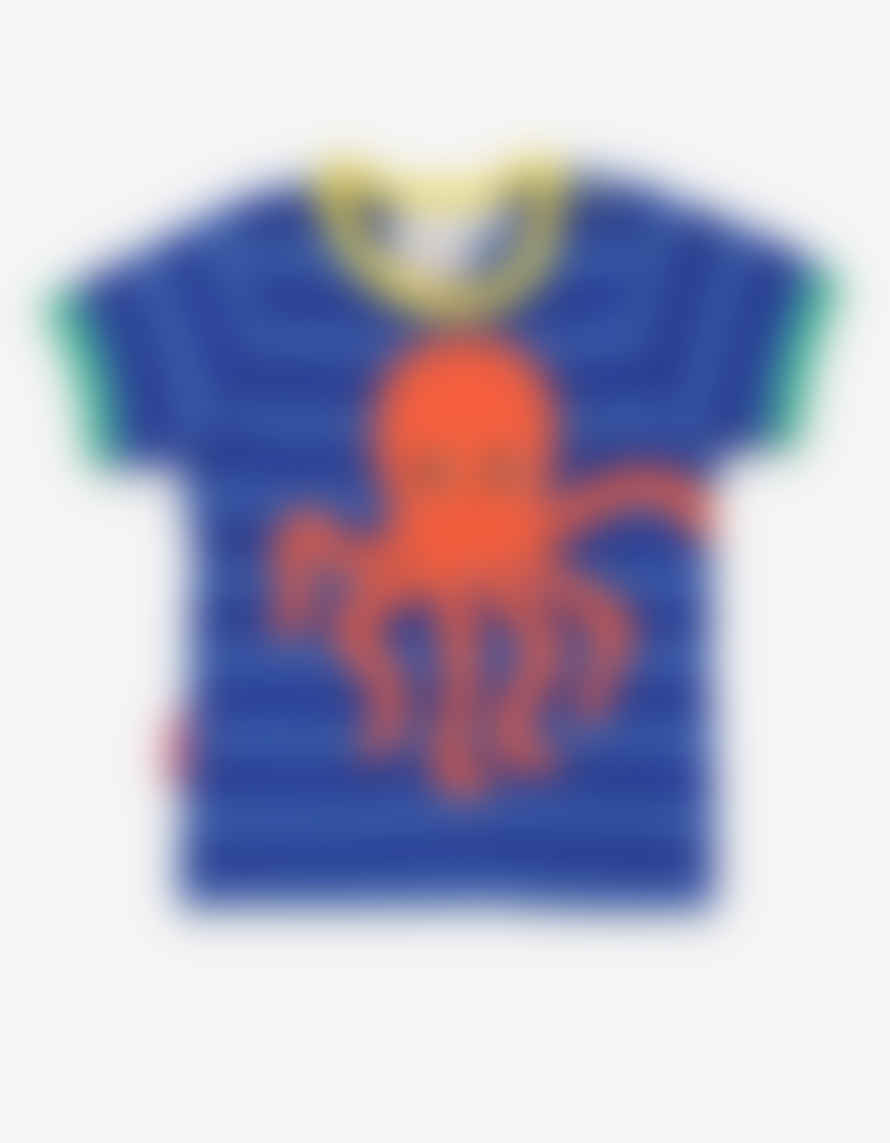 Toby Tiger Organic Octopus Applique Dark Blue Striped T Shirt