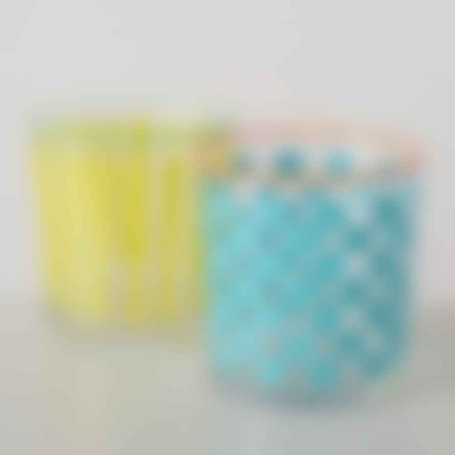 &Quirky Colour Pop Geo Drinking Glass / Candle Pot : Blue or Yellow