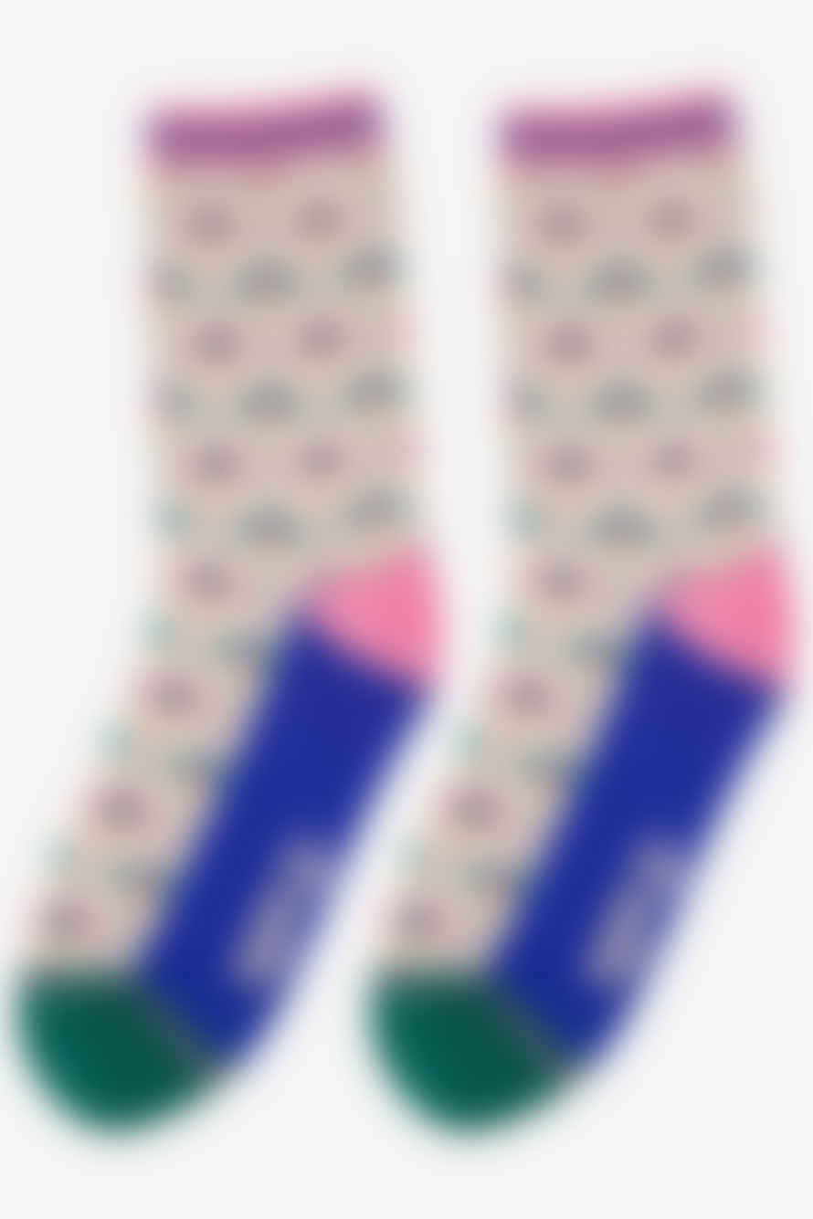 Miss Shorthair Sock Talk - Women's Bamboo Socks | Cream & Blue Umbrella Rain
