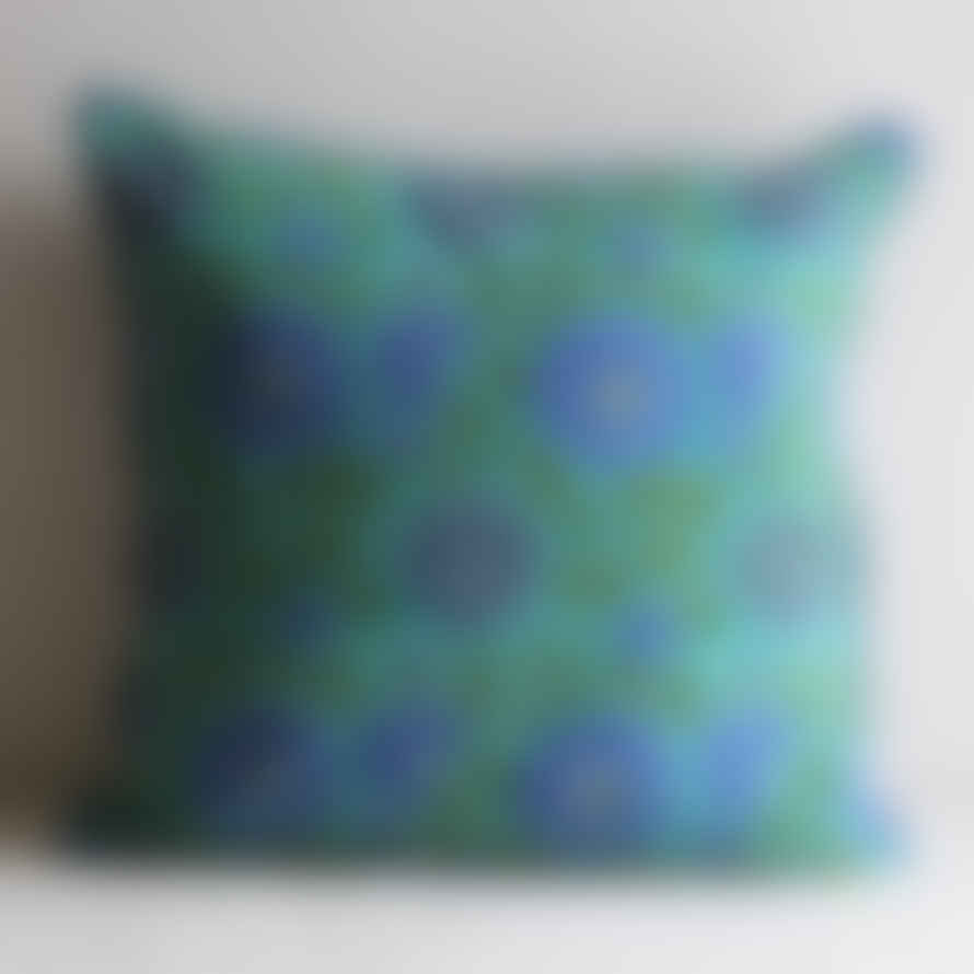 Aryas World 'sunflower' Blue Block Print Cotton Cushion Cover With Piping, 50 X 50 Cm