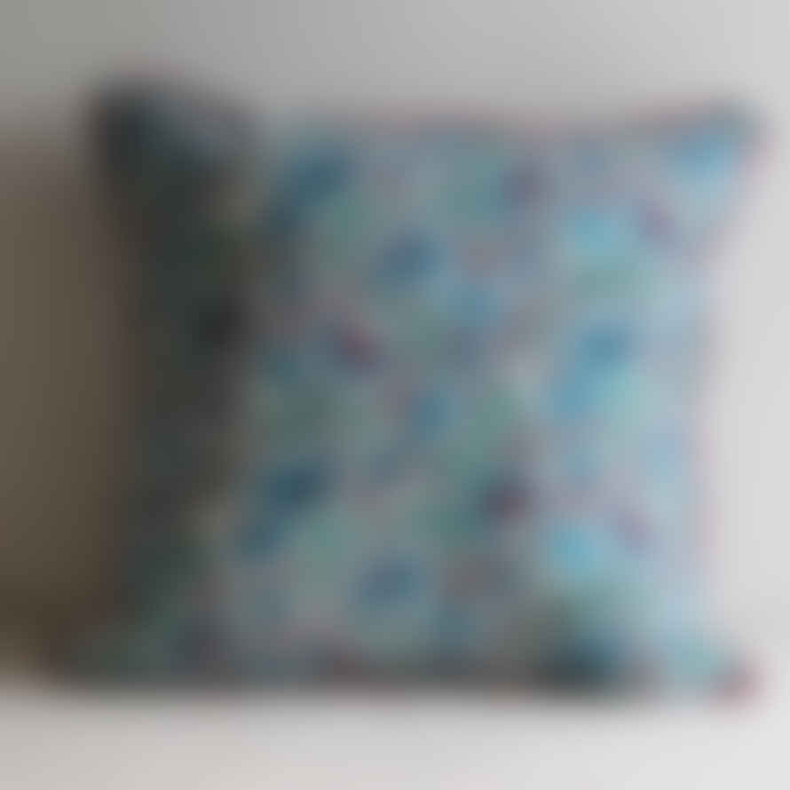 Aryas World 'cornflower' Blue Block Print Cotton Cushion Cover With Piping, 50 X 50 Cm