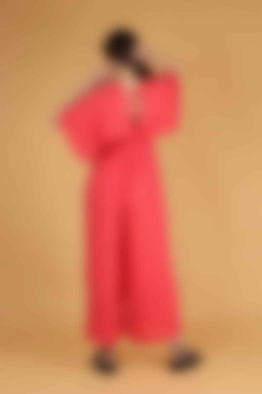 Indi+Will Wide Leg Flared Dobby Jumpsuit Deep V-neck Gold Metallic Stripe In Coral