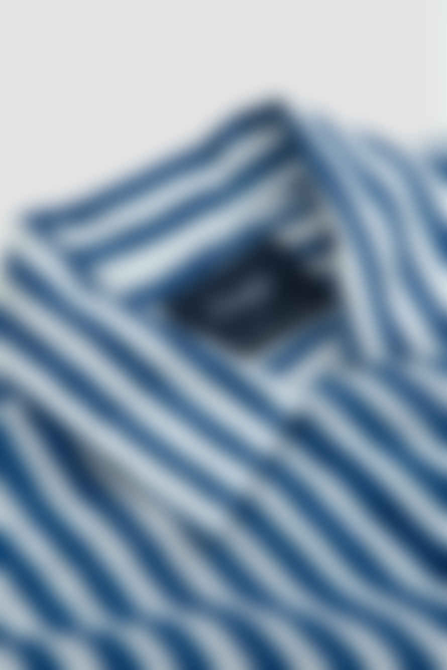Drake's SS Block Print Camp Collar Shirt Blue Stripe