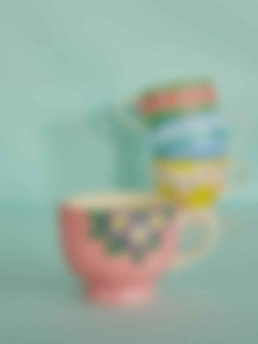 rice Ceramic Mug With Embossed Flower Design - Pink