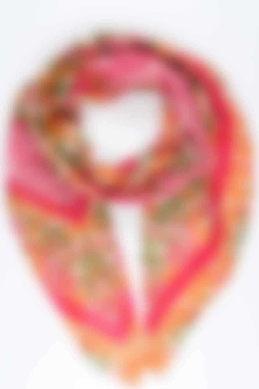 Miss Shorthair Ltd Miss Shorthair 3166pigr Cotton Scarf In A Mixed Floral Print With A Striped Edge In Pink