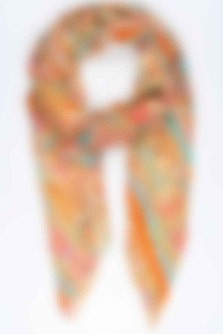 Miss Shorthair Ltd Miss Shorthair 3154pio Cotton Ornate Paisley Print With Stripe Border Scarf In Pink Orange