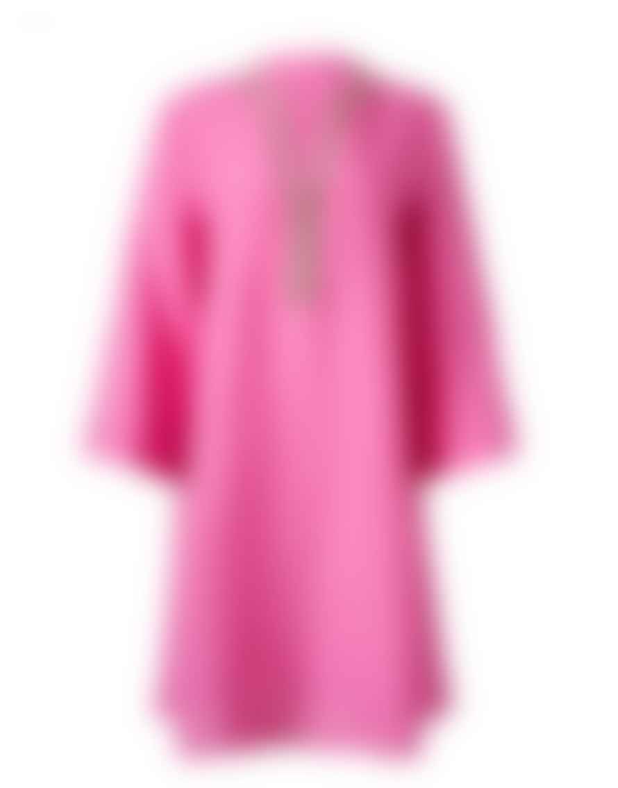 120% Linen Embellished V Neck Wide Sleeve Dress Size: 8, Col: Pink