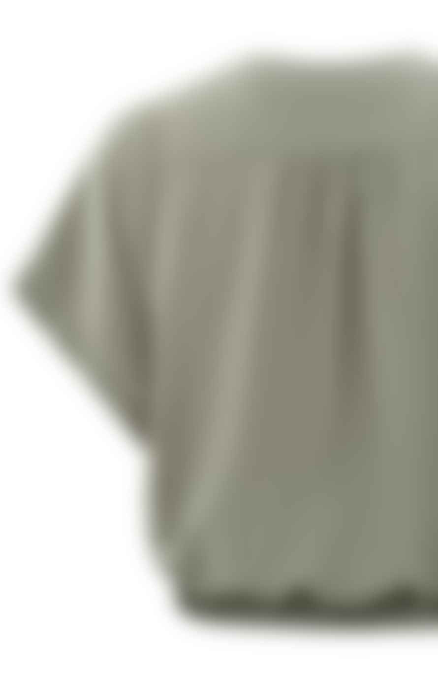 Yaya Woven Top With Crewneck, Short Sleeves And Elastic Waist - Army Green