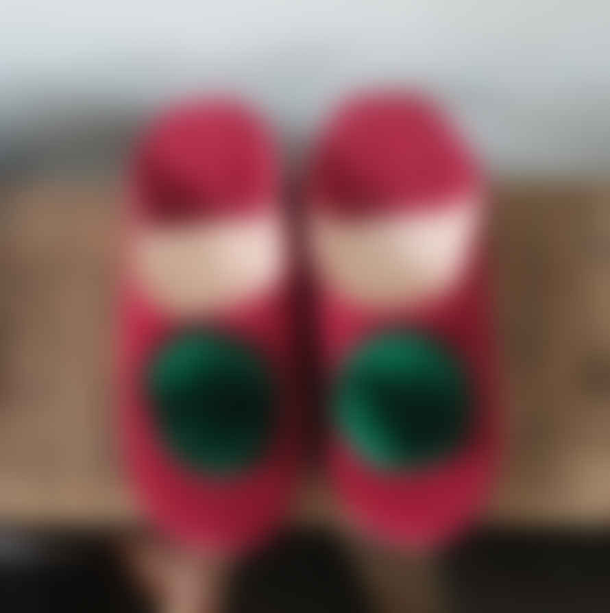 Layou Craft Moroccan Slippers - Red - Dark Green Pom Poms