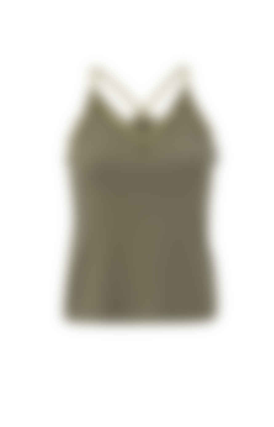 Yaya Stone Gray Singlet With Woven Details, V-neck, Ruffles And Cross Straps