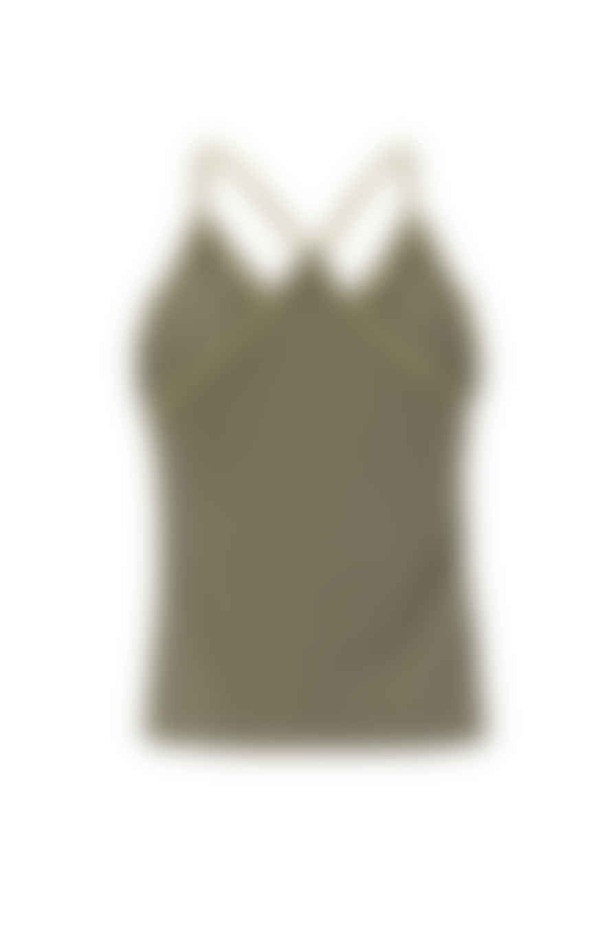 Yaya Stone Gray Singlet With Woven Details, V-neck, Ruffles And Cross Straps