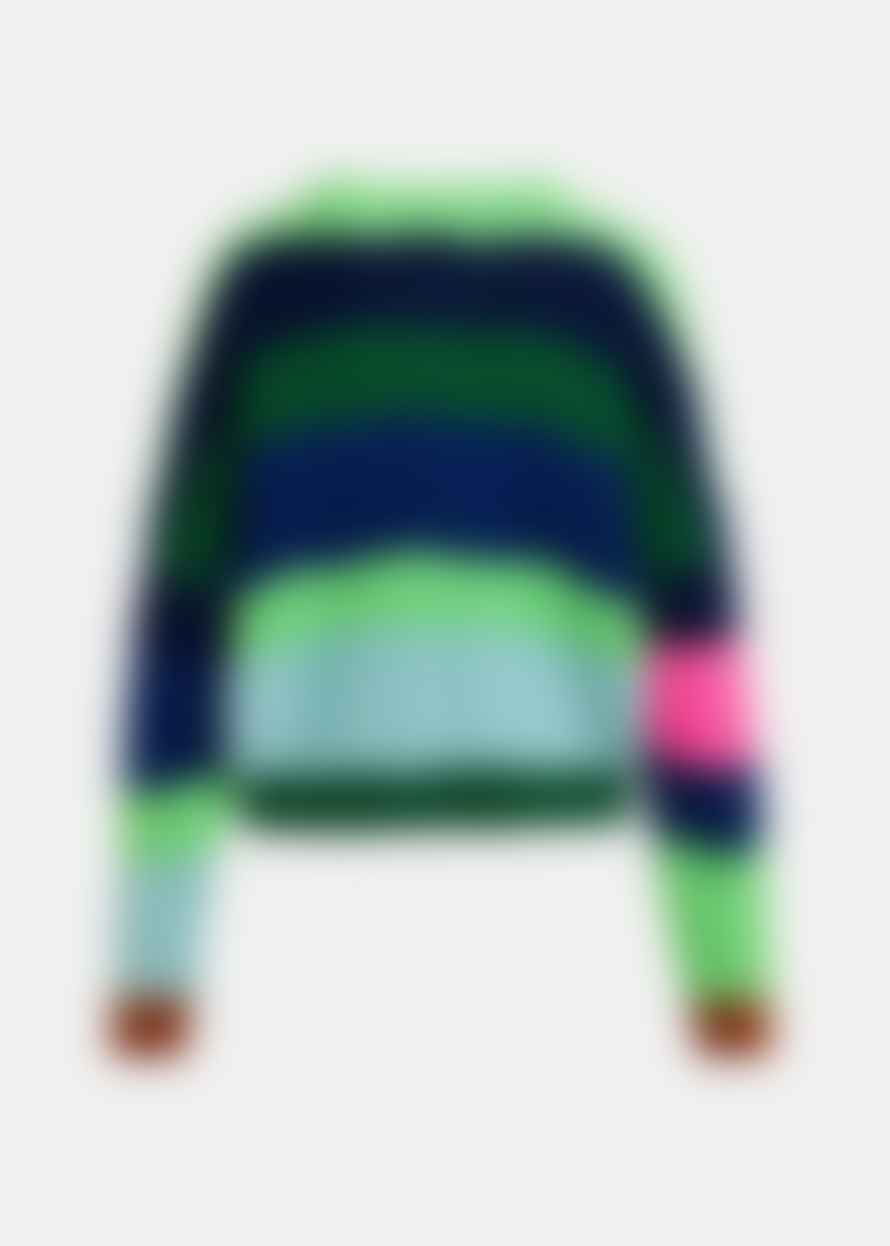 Essentiel Antwerp Navy Blue Green and Neon Pink Girlcrush Cable Knitted Patchwork Sweater