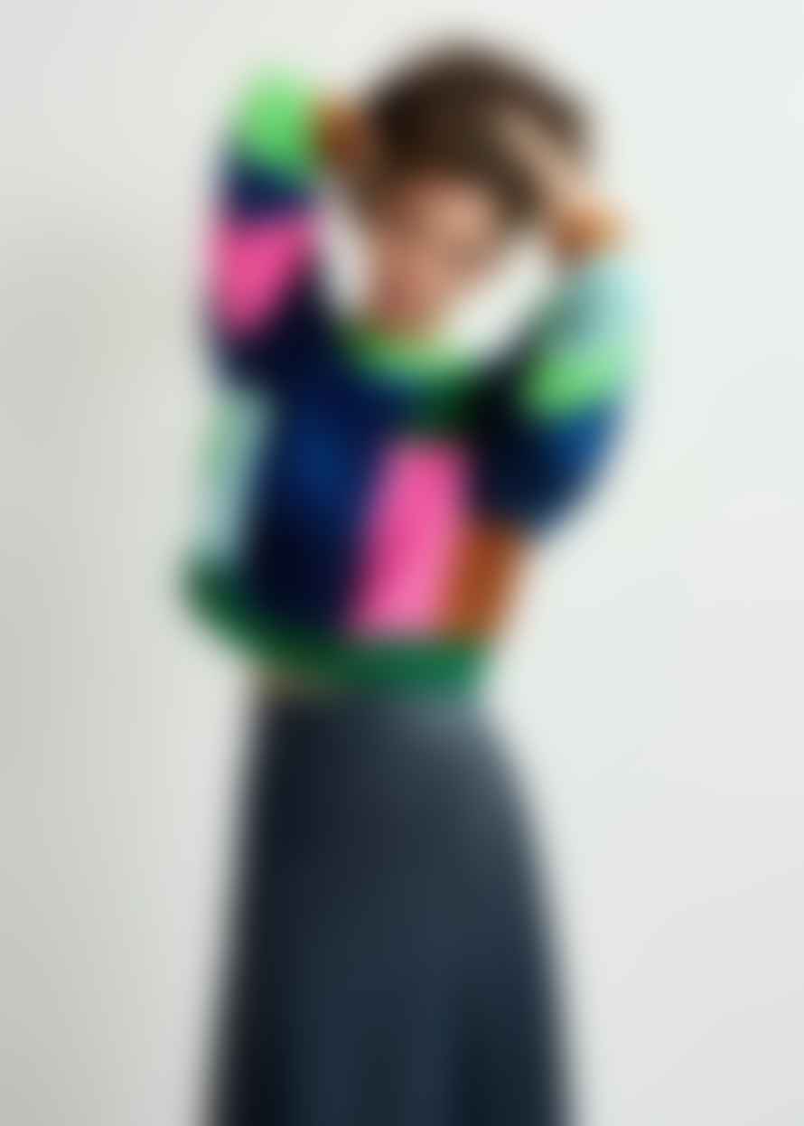 Essentiel Antwerp Navy Blue Green and Neon Pink Girlcrush Cable Knitted Patchwork Sweater