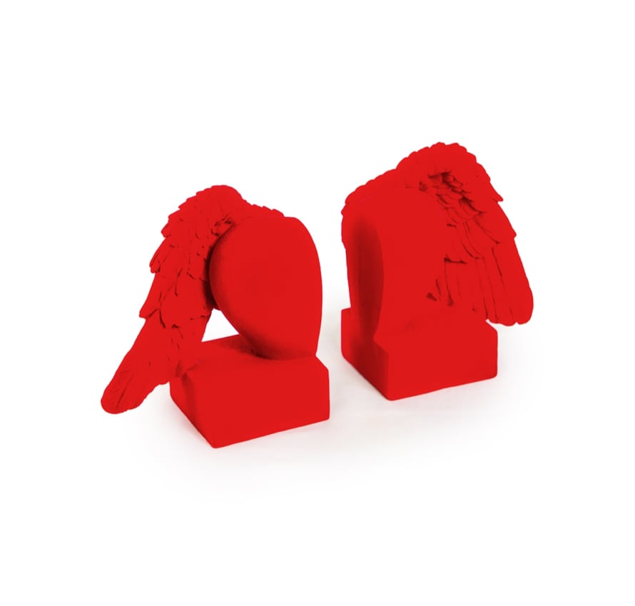&Quirky Bright Red Flock Pair Of Winged Heart Bookends