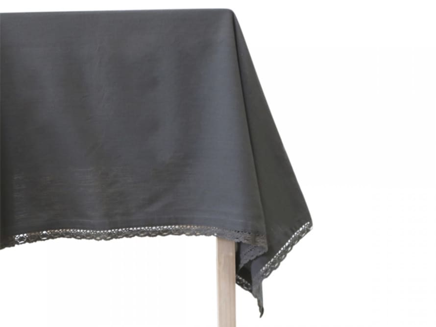 Chic Antique Dark Gray Cotton Tablecloth with Lace