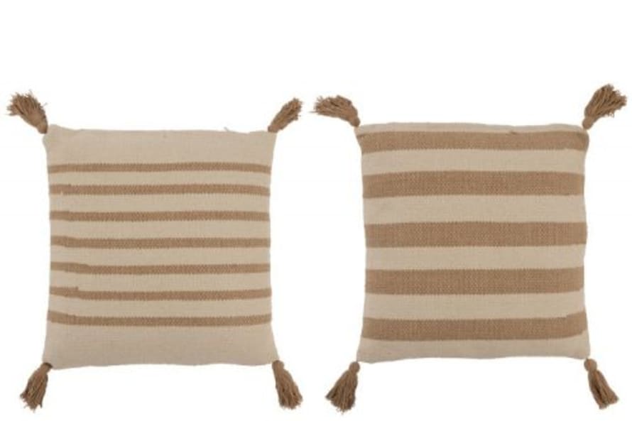 Jolipa Set of 2 Beige and Camel Striped Cushion with Tassels