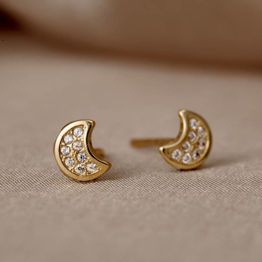 Posh Totty Designs Pave Moon 9ct Gold Stud Earrings With Cubic Zirconia