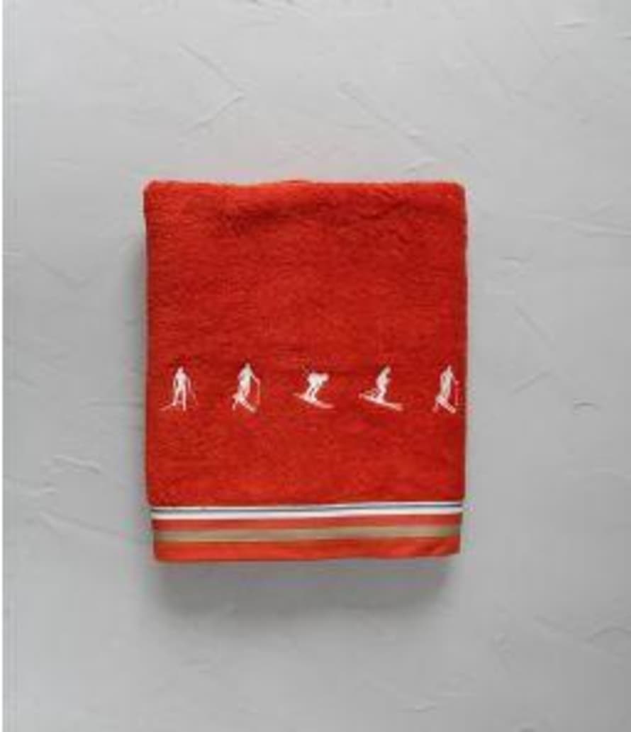 Sylvie Thiriez Mountain-Orange Shower Towel With Embroidered Skiers 