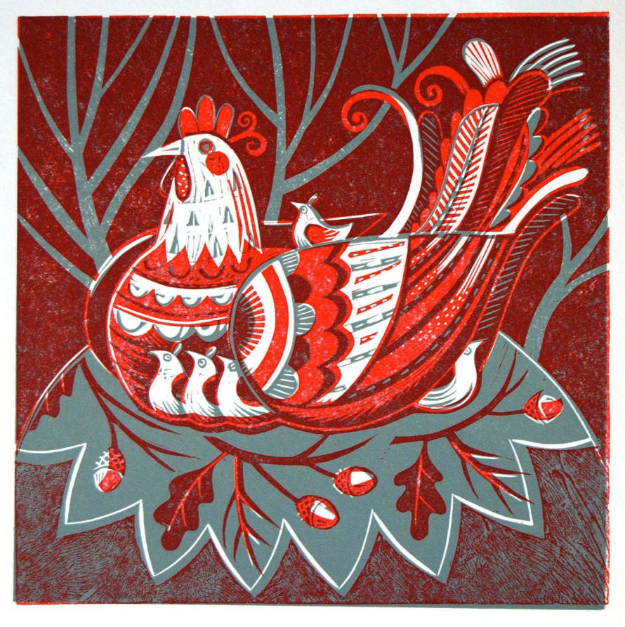 Sarah Young Hen and Chicks Relief Letterpress Print
