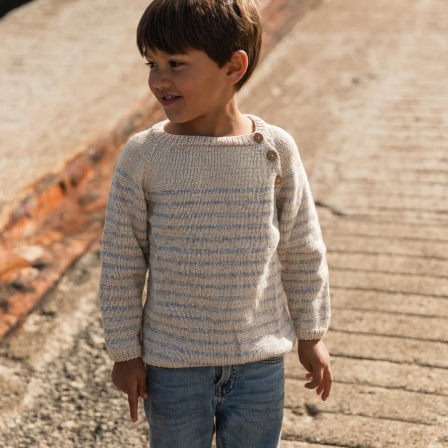 Bunti The Luca Hand Knitted Wool & Organic Cotton Jumper in Grey Stripe