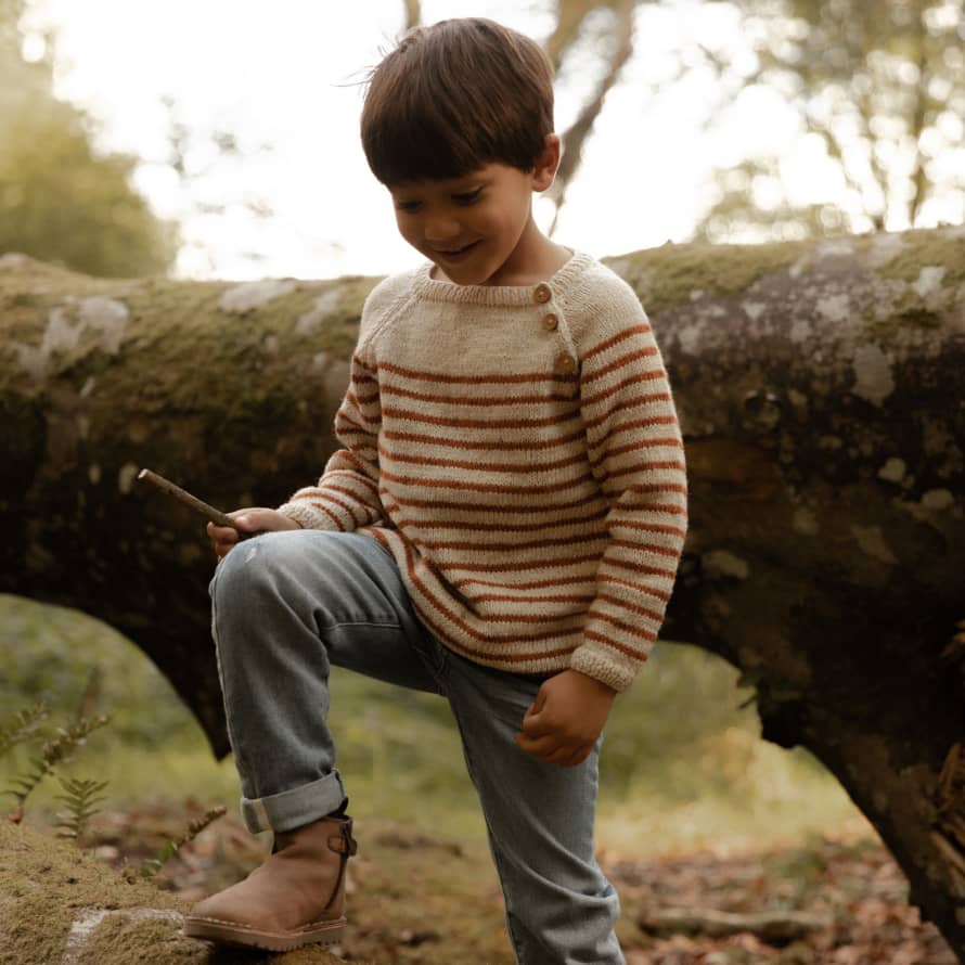 Bunti The Luca Hand Knitted Wool & Organic Cotton Jumper in Chestnut Stripe