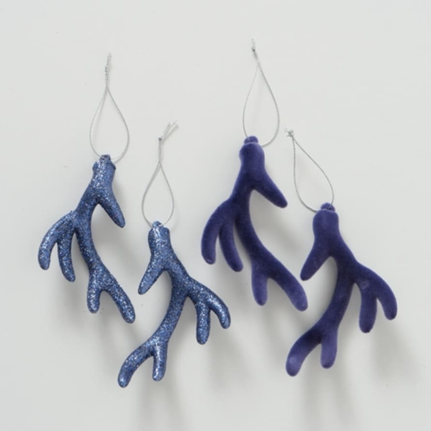 &Quirky Set of 2 Dark Blue Antler Tree Decorations : Glitter or Velvet