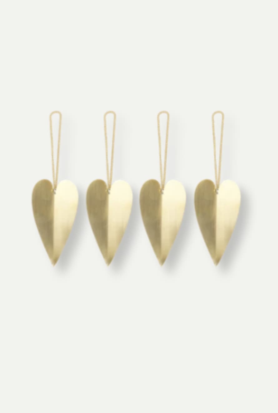 Ferm Living Set of 4  Heart Brass Ornament 