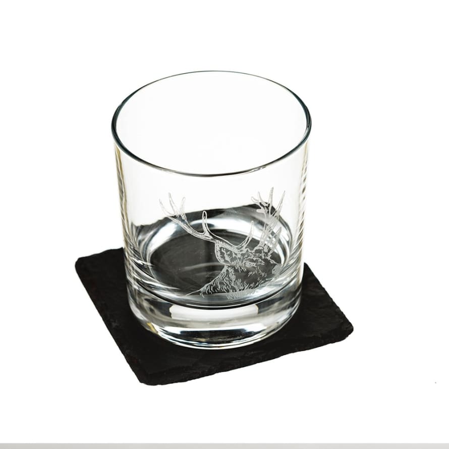 Just Slate Stag Engraved Glass Tumbler and Slate Coaster Set