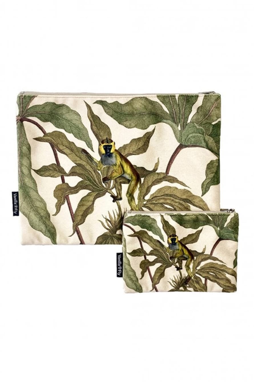 Vanilla Fly  Cream/Green/Brown Foliage Monkey Velvet Makeup Bag