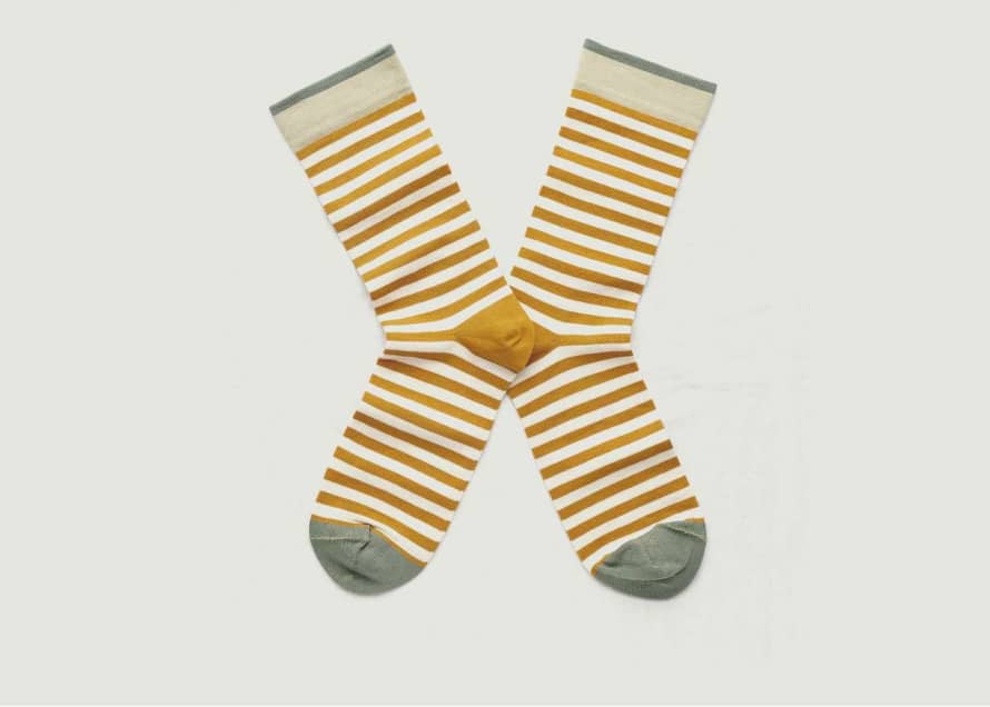 Bonne Maison Honey and Ecru Striped Socks With Contrasting Edges