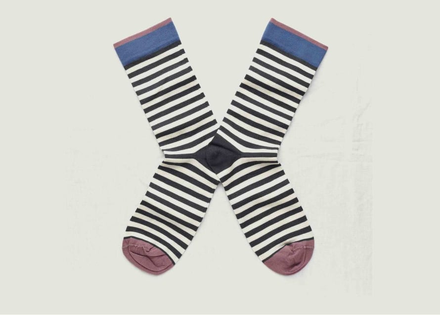 Bonne Maison Night Blue and Ecru Striped Socks With Contrasting Edges