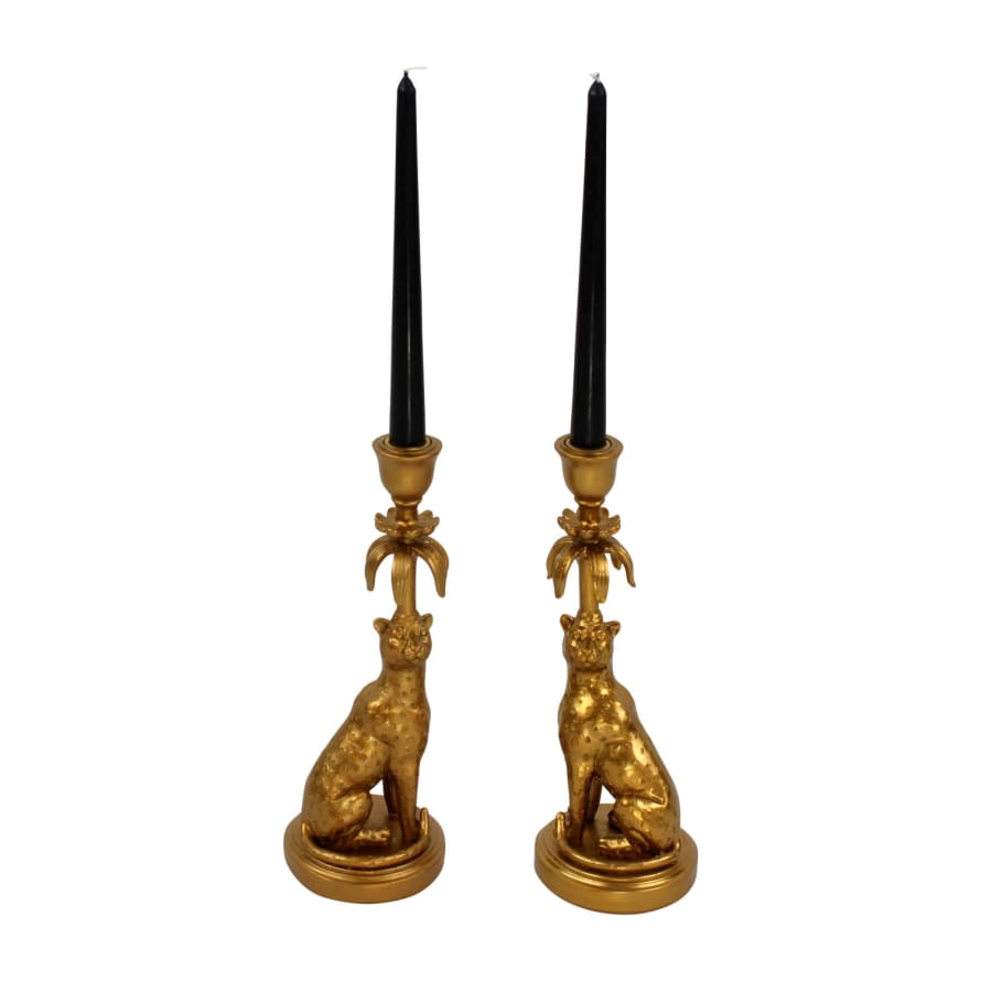 &Quirky Set Of 2 Gold Leopard Candlestick Holders