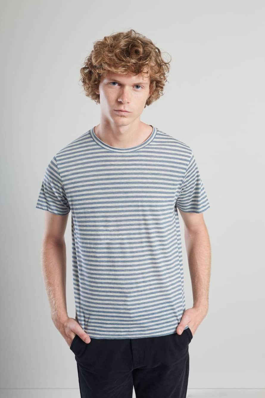 L’Exception Paris Blue and Heather Grey Chambray Striped Organic Cotton T Shirt