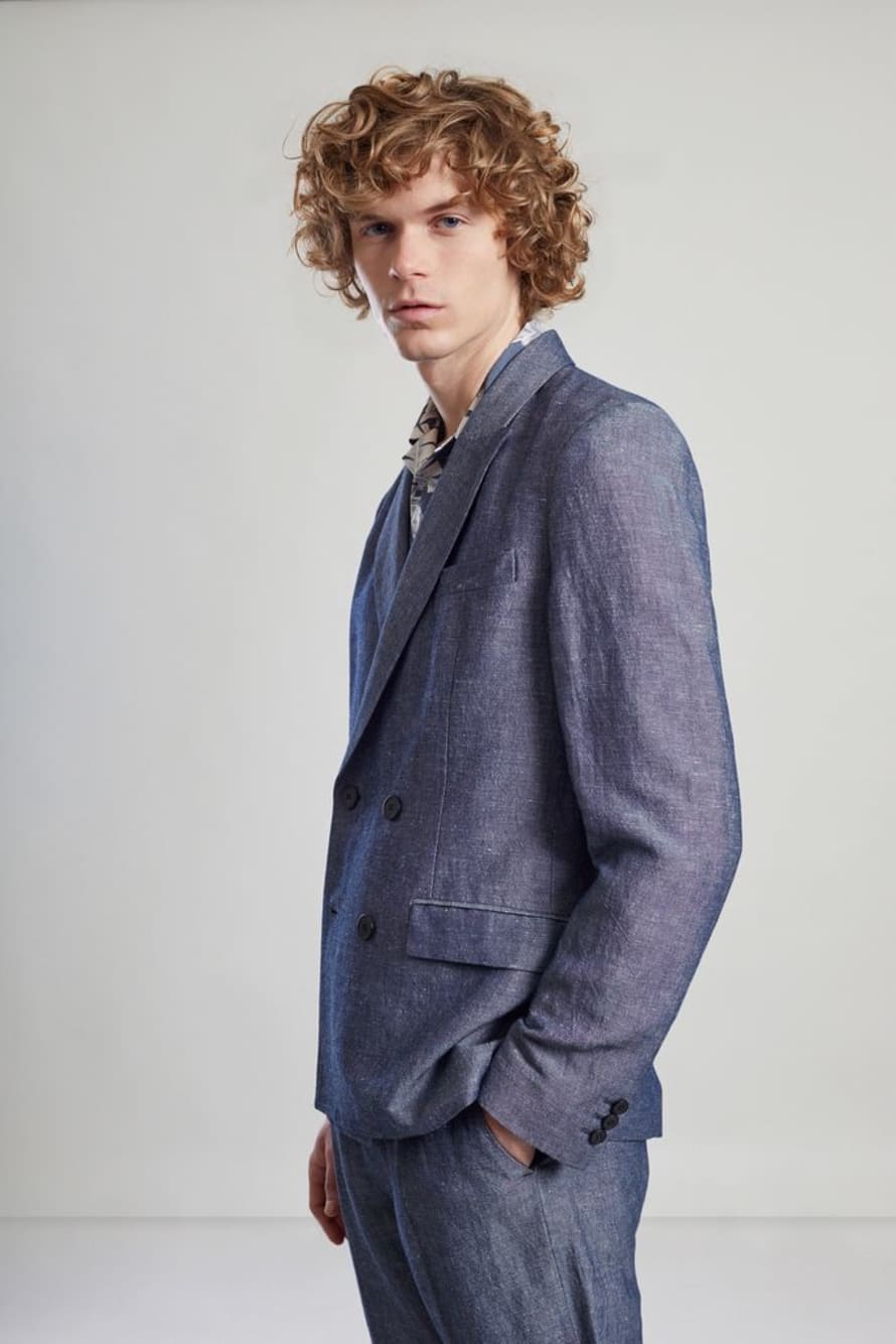 L’Exception Paris Grey Blue Double Breasted Suit Jacket In Japanese Linen Blend