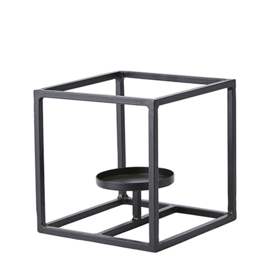 Affari Square Candleholder with Black Wrought Iron Base, Including Candle