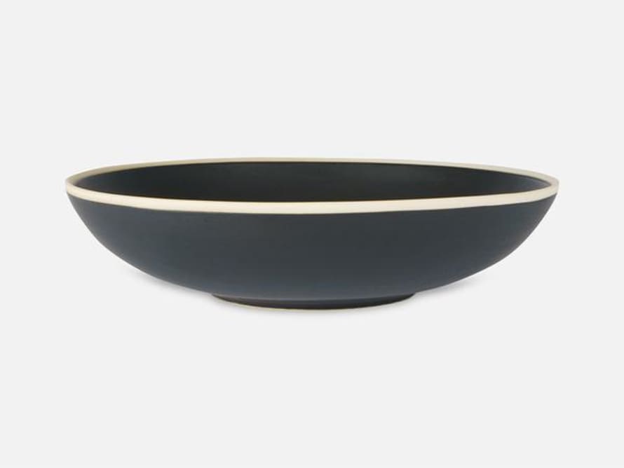 Folkdays Flat Ceramic Bowl With White Rim Black Big