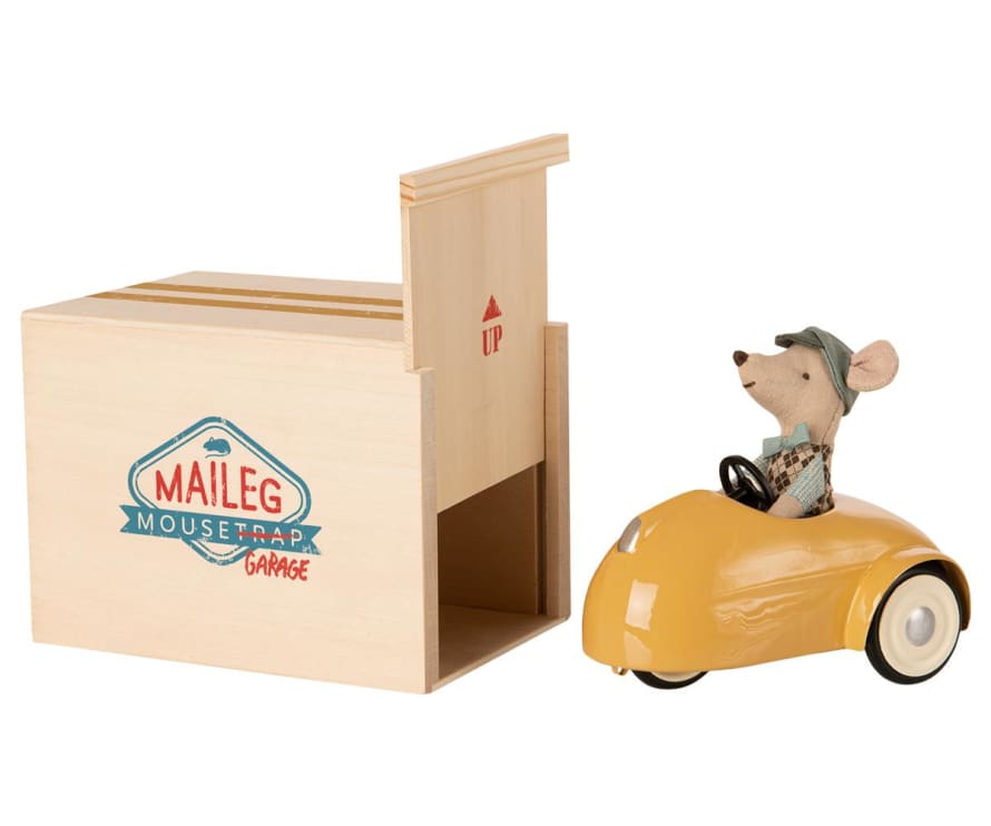 Maileg Little Brother Mouse with Yellow Car and Garage