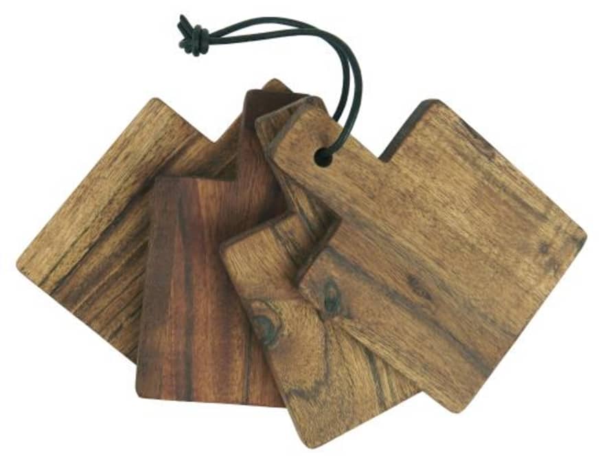 Ib Laursen Set of 4 Mini Acacia Wood Leather Cord Oiled Cutting Board