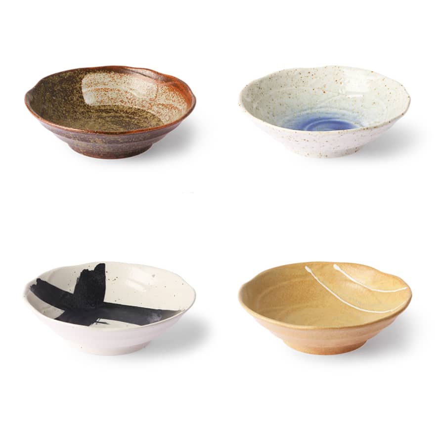 HK Living Kyoto Ceramics Japanese Shallow Bowl Set of 4