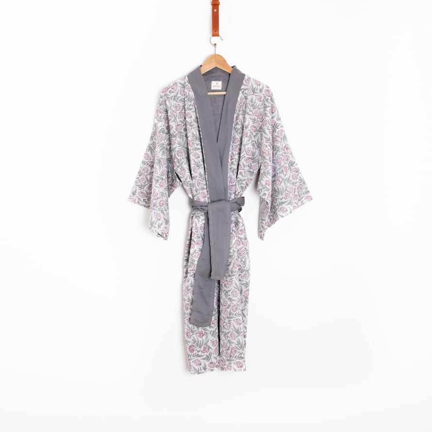 Bunti Hand Block Printed Cotton Kimono Dressing Gown Robe - Rikisha