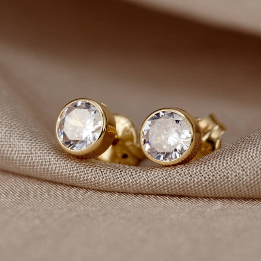 Posh Totty Designs Round 9ct Gold Stud Earrings With Cubic Zirconia