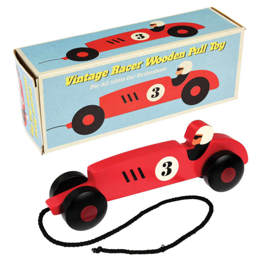 Rex Intl Red or Blue Vintage Racing Car Pull Toy